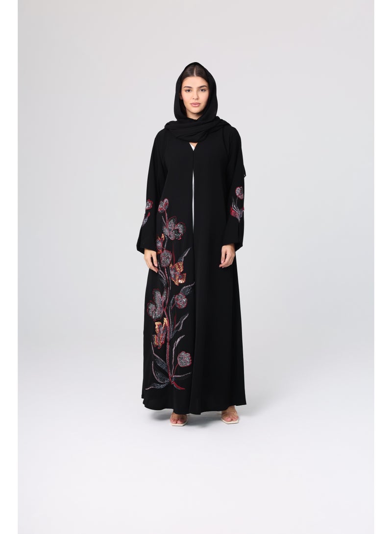 اكسا عباية فاخرة مطرزة بالخرز الملون أسود - Image 1